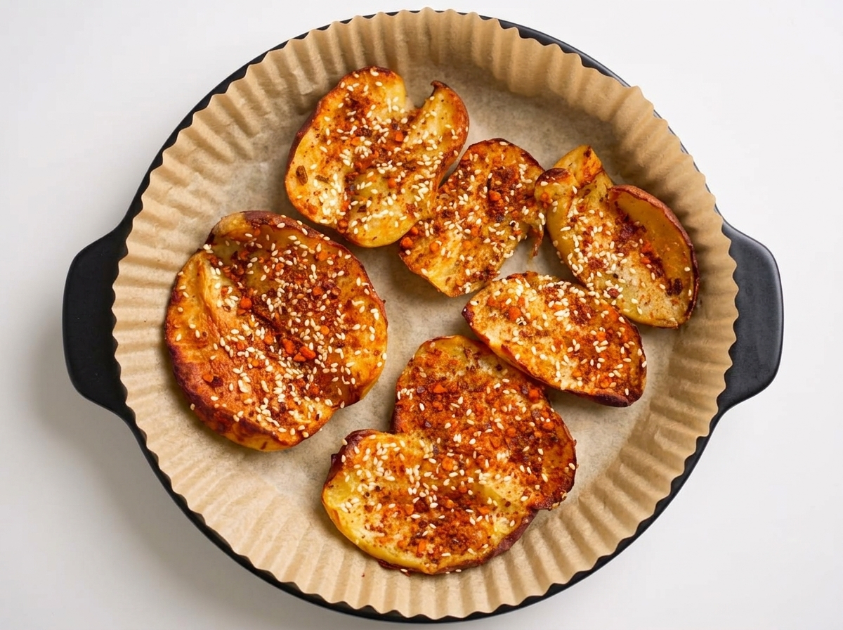 Finely chopped green onions being sprinkled over a plate of roasted, seasoned potatoes.