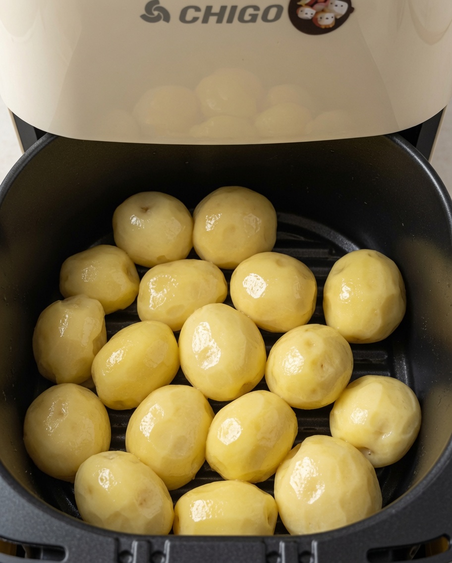 Cooking oil being sprayed evenly over the potatoes in the air fryer basket.