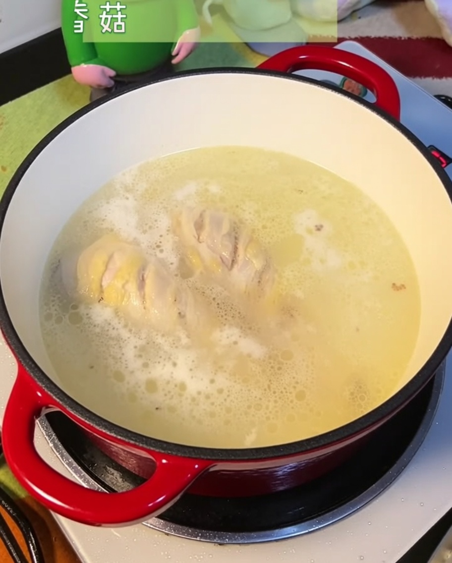 Soaked dried mushrooms added to the chicken broth.