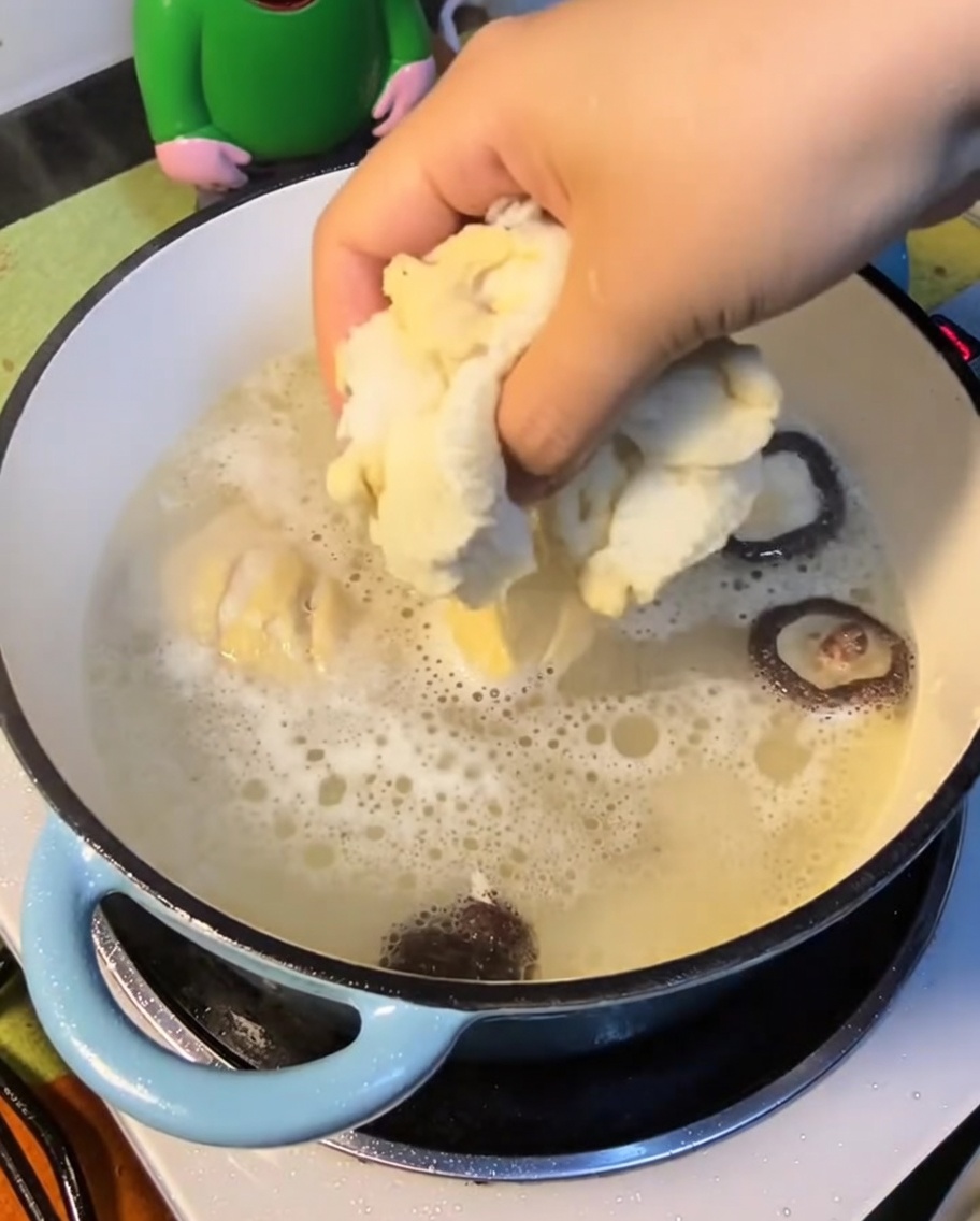 Bamboo fungus pieces in the soup pot.