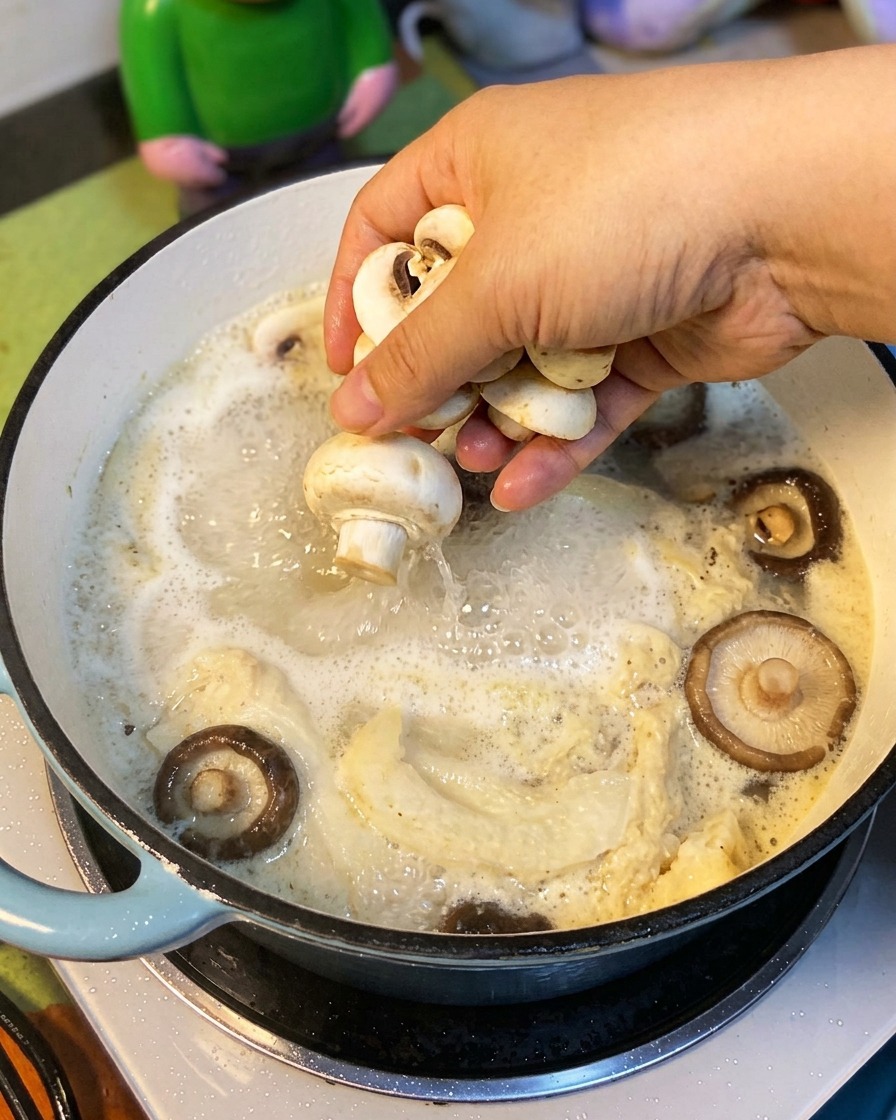 Sliced mushrooms being added to the soup.