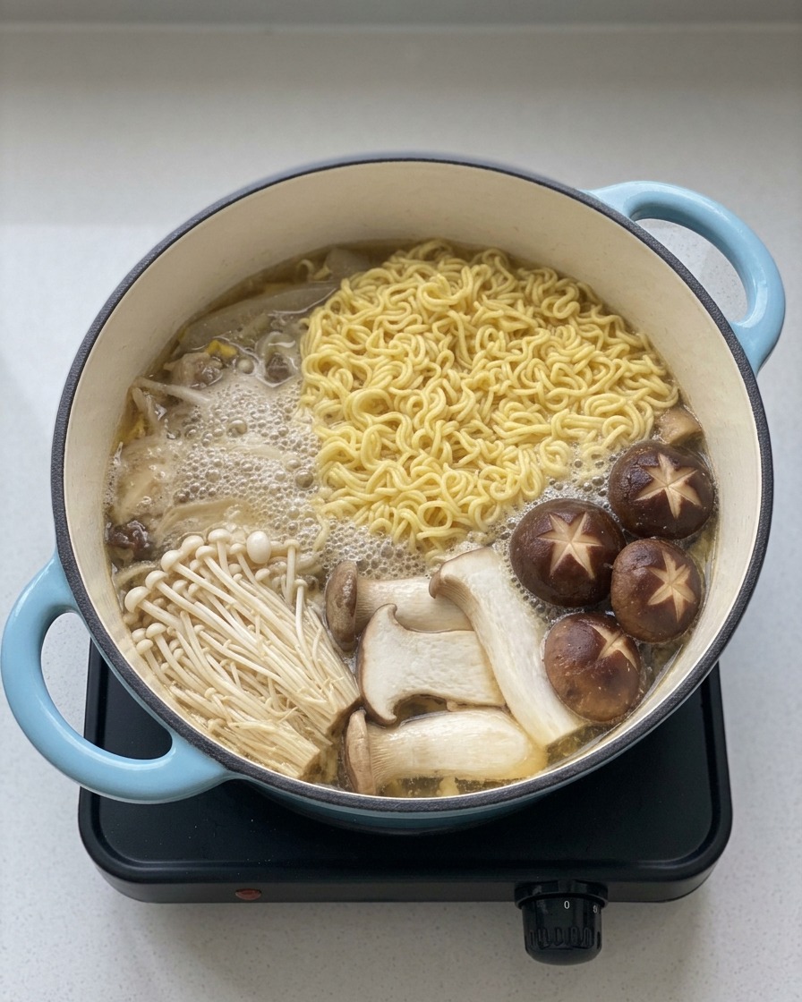 A spoonful of salt being added to the pot with noodles, chicken, and mushrooms.
