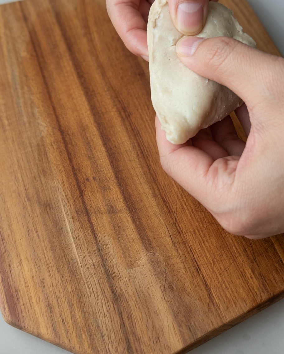 Close-up view of hands shredding cooked chicken breast into pieces on a wooden cutting board.