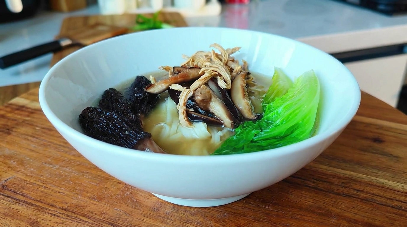 Low-Fat Shredded Chicken and Mushroom Noodle Soup
