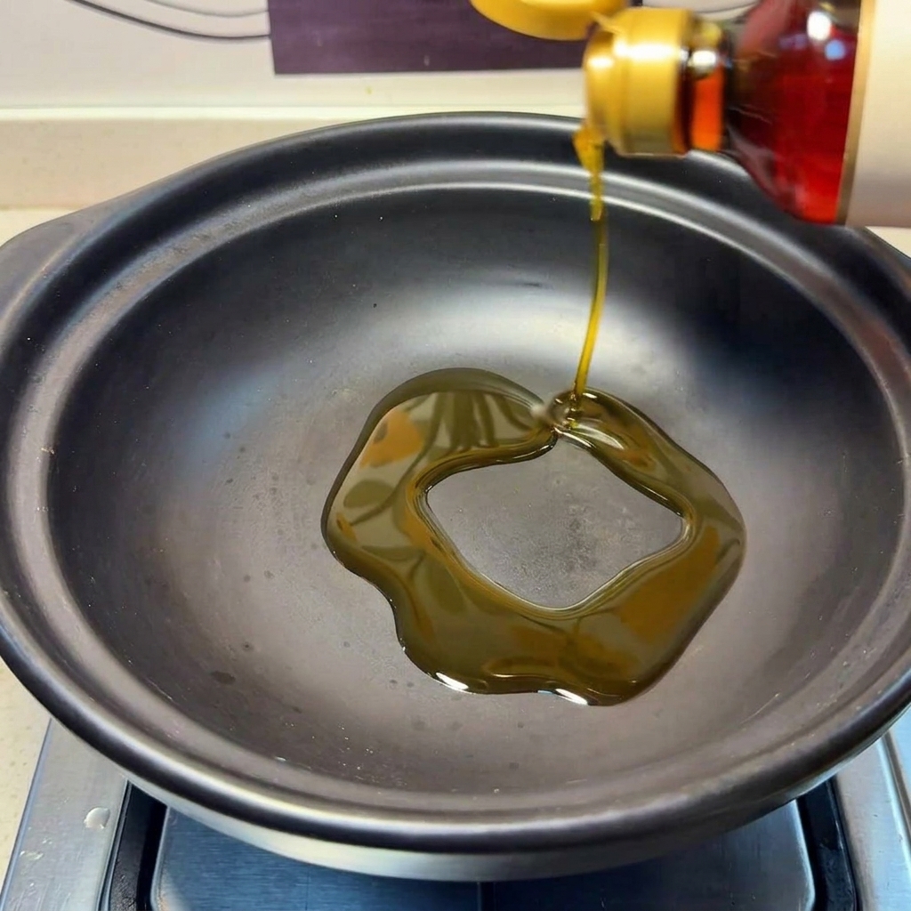 Ginger slices frying in aromatic sesame oil inside a dark clay pot.