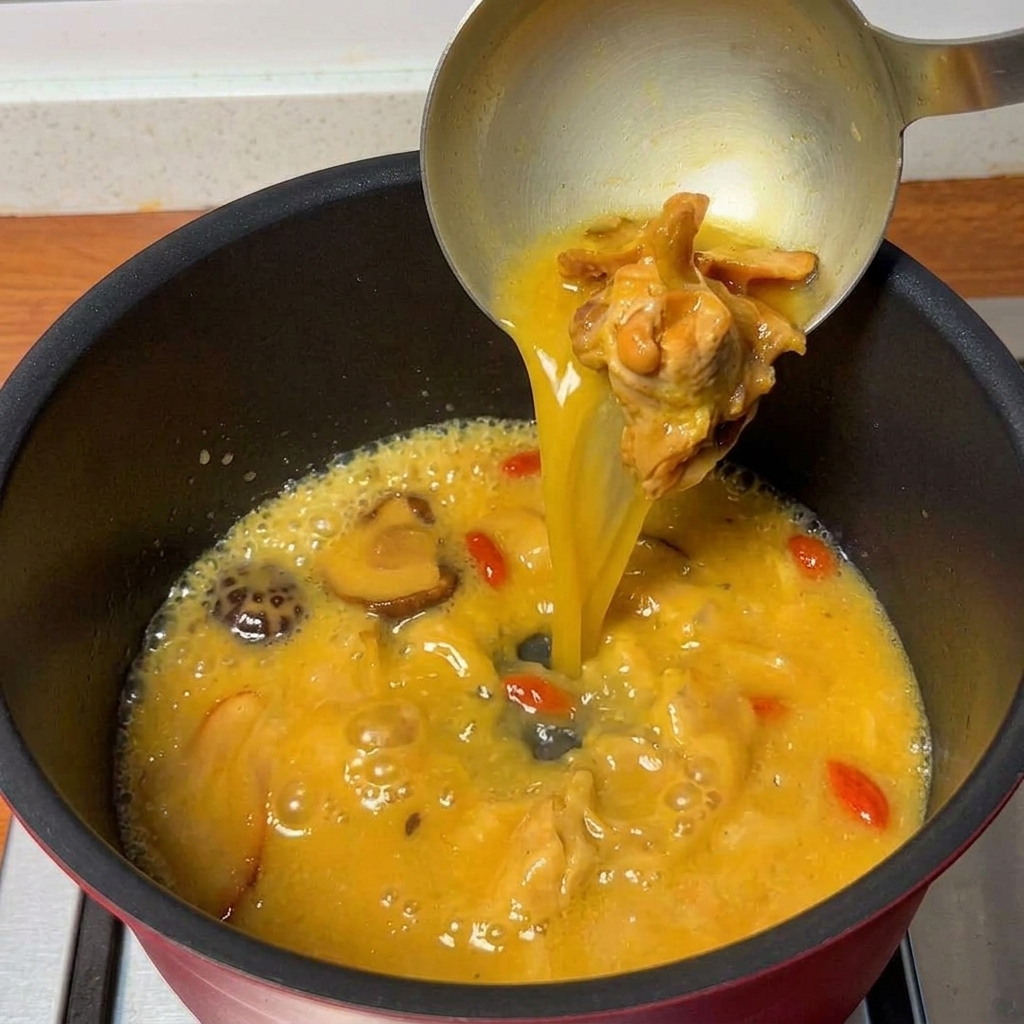 Savory chicken soup boiling in a pot, ready for the noodles.