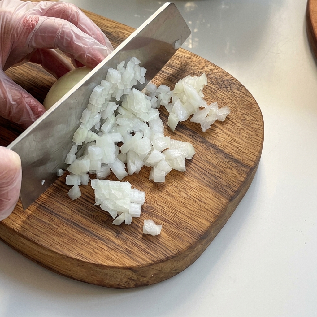 Small cubes of onion, potato, and celery neatly arranged on a wooden cutting board.