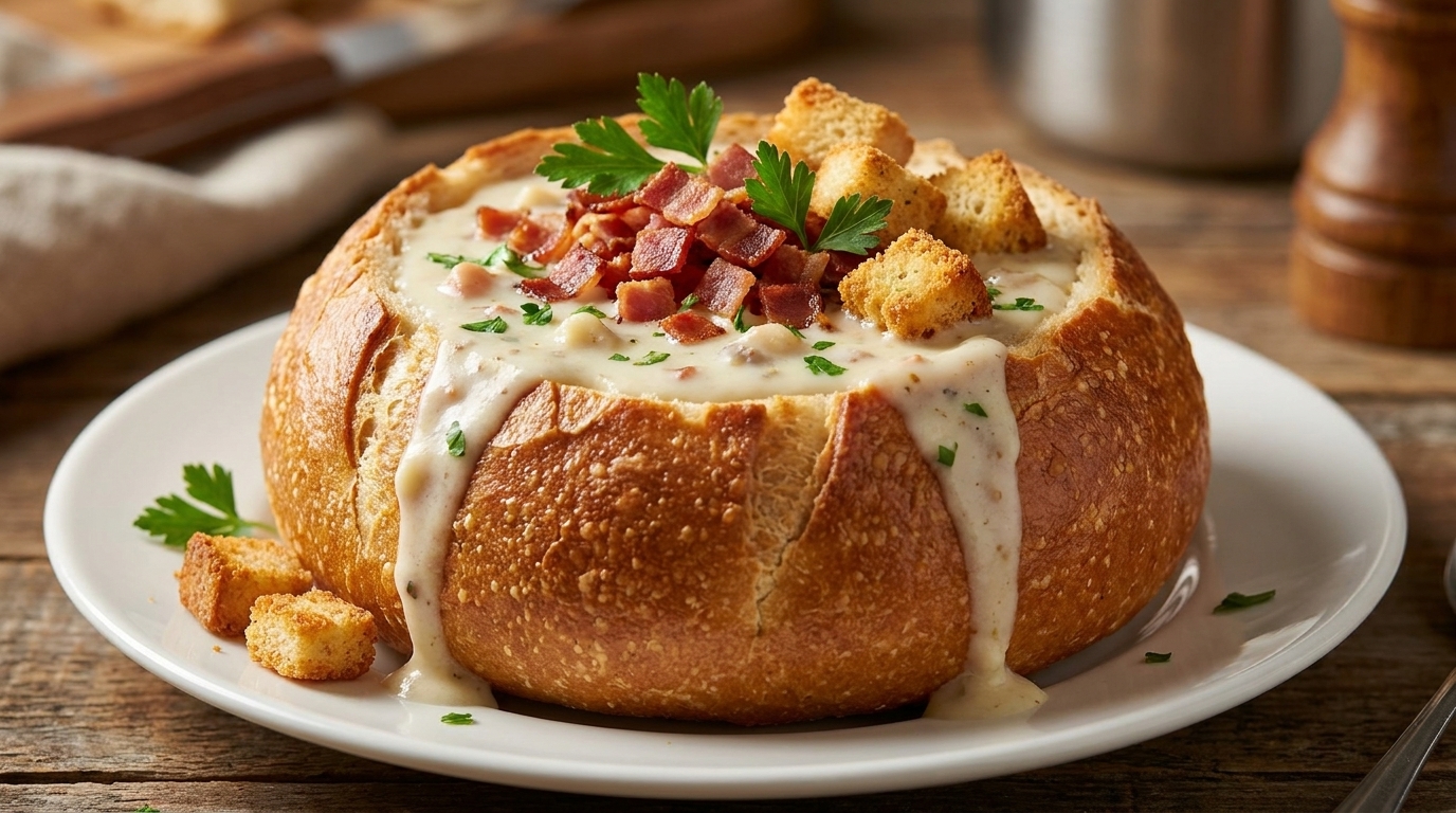 Classic Creamy Clam Chowder in a Bread Bowl