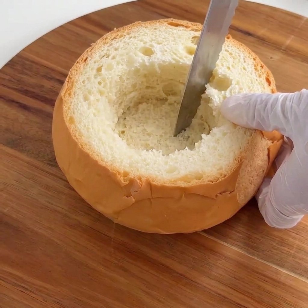 A round loaf of bread being hollowed out to form a serving bowl.