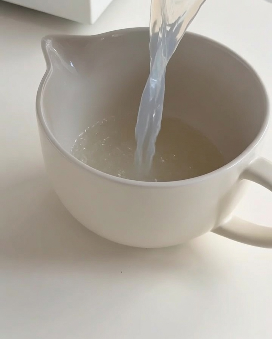 Clear clam broth being poured from a pot into a white ceramic pitcher.