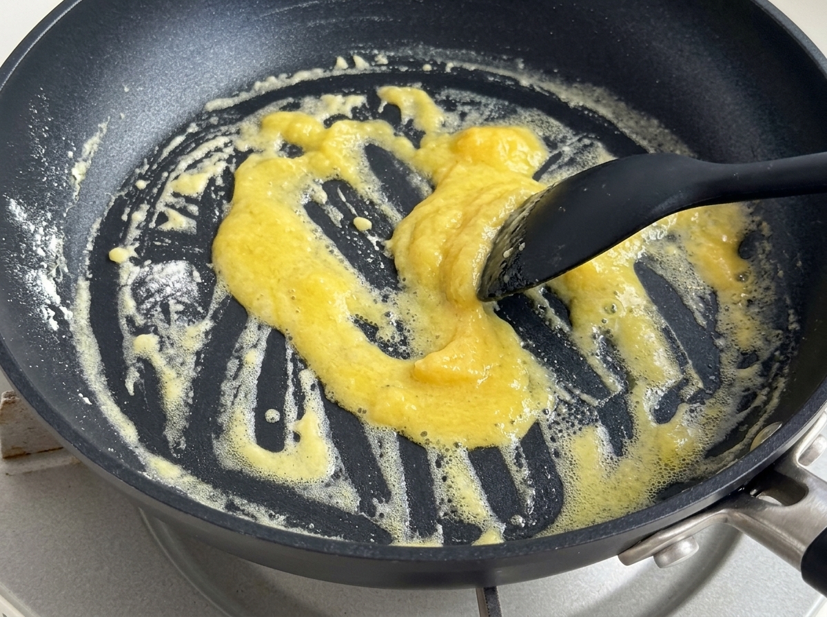 Heavy cream and milk being poured into the pan over the cooked roux.