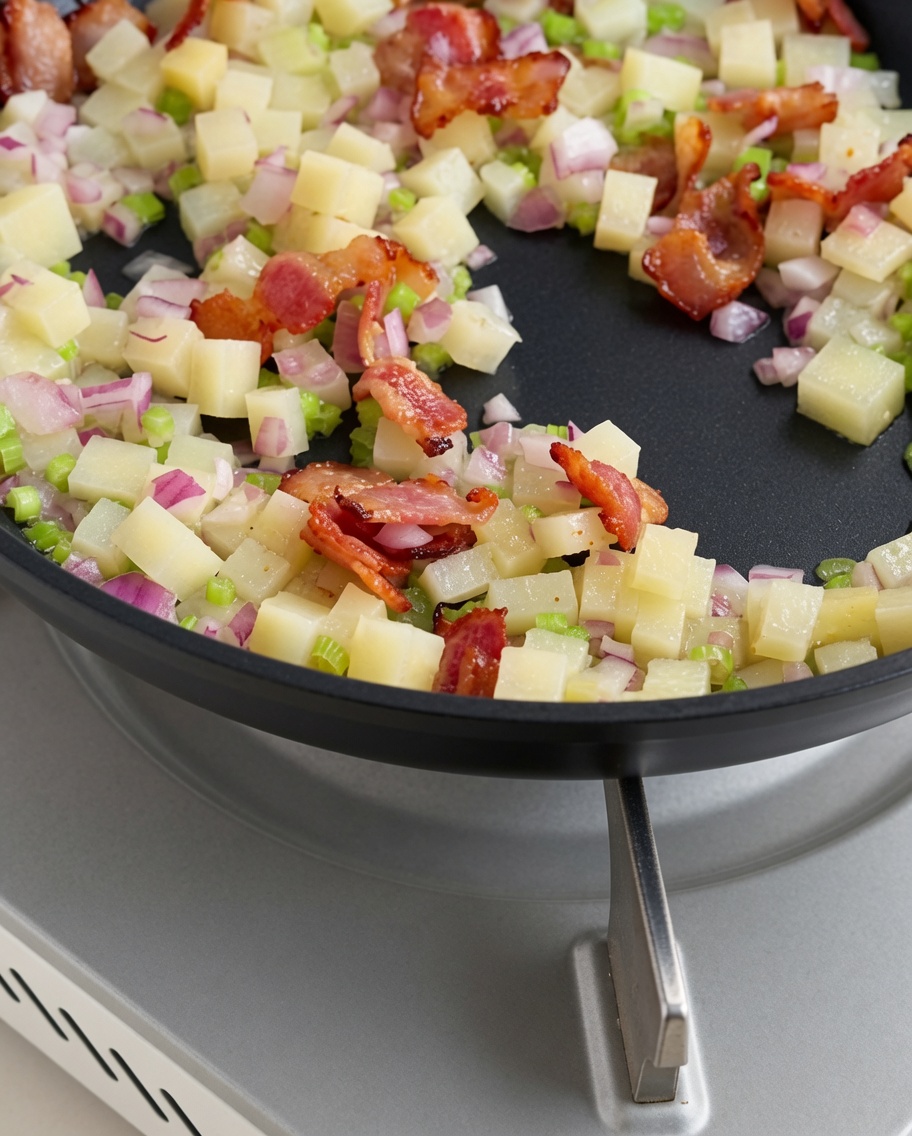 Clam broth being poured from a container into a pan filled with chopped vegetables and bacon.