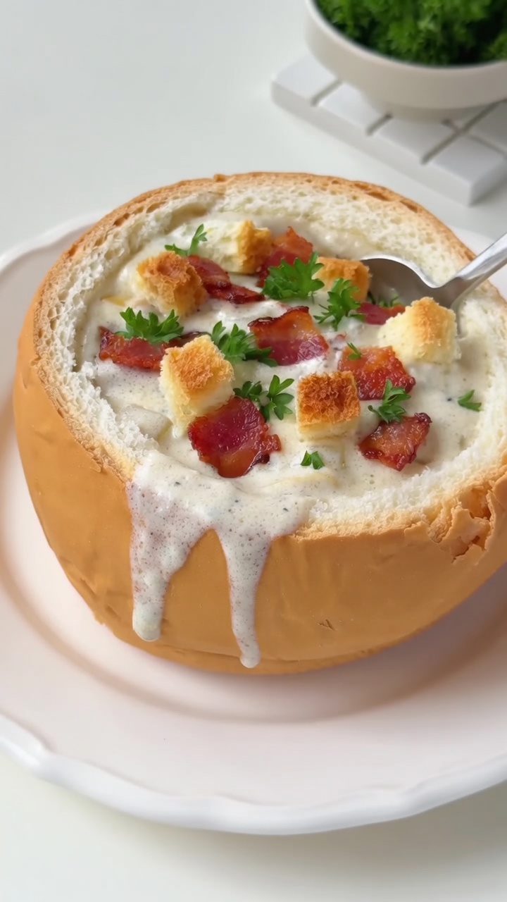 Black Truffle Clam Chowder in a Sourdough Bread Bowl