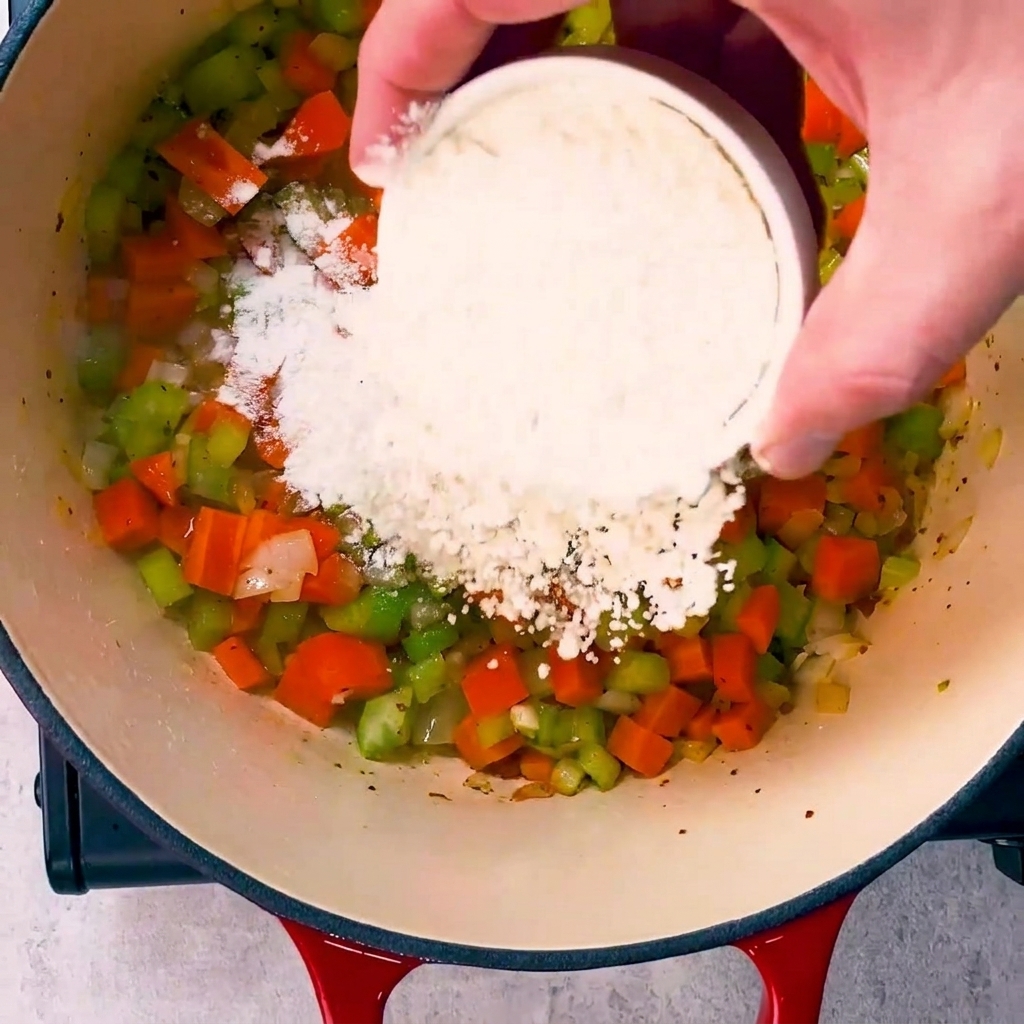 Flour being added and stirred into the colorful mixture of sautéed vegetables in the Dutch oven.