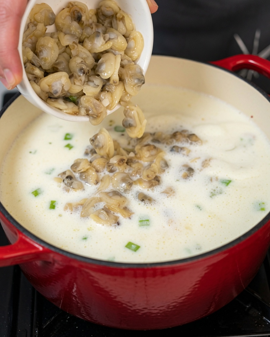 Potatoes and clams being added to the simmering, creamy chowder mixture in the Dutch oven.