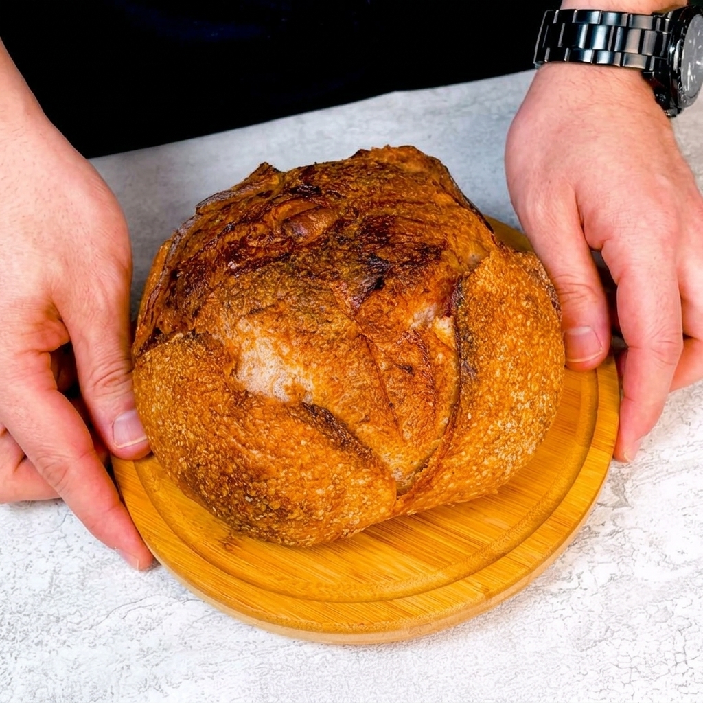 A knife cutting a circular opening into the top of a crusty round sourdough loaf.