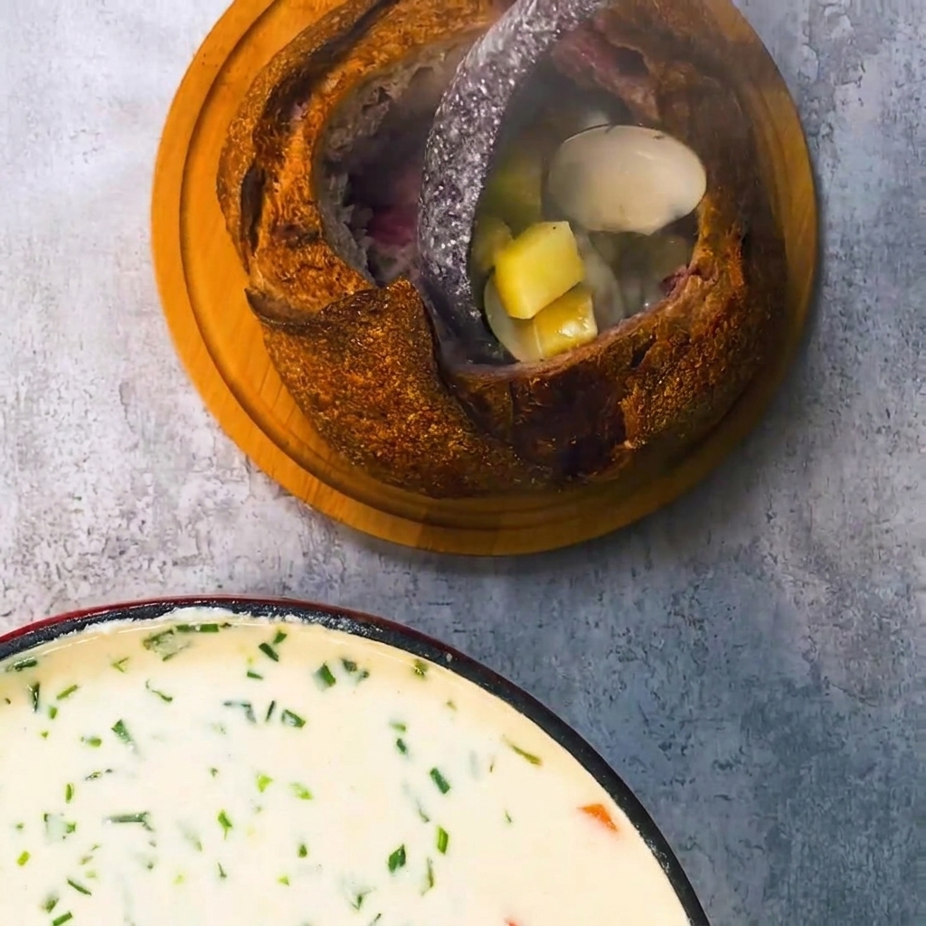Creamy clam chowder being ladled into a hollowed-out sourdough bread bowl on a wooden board.