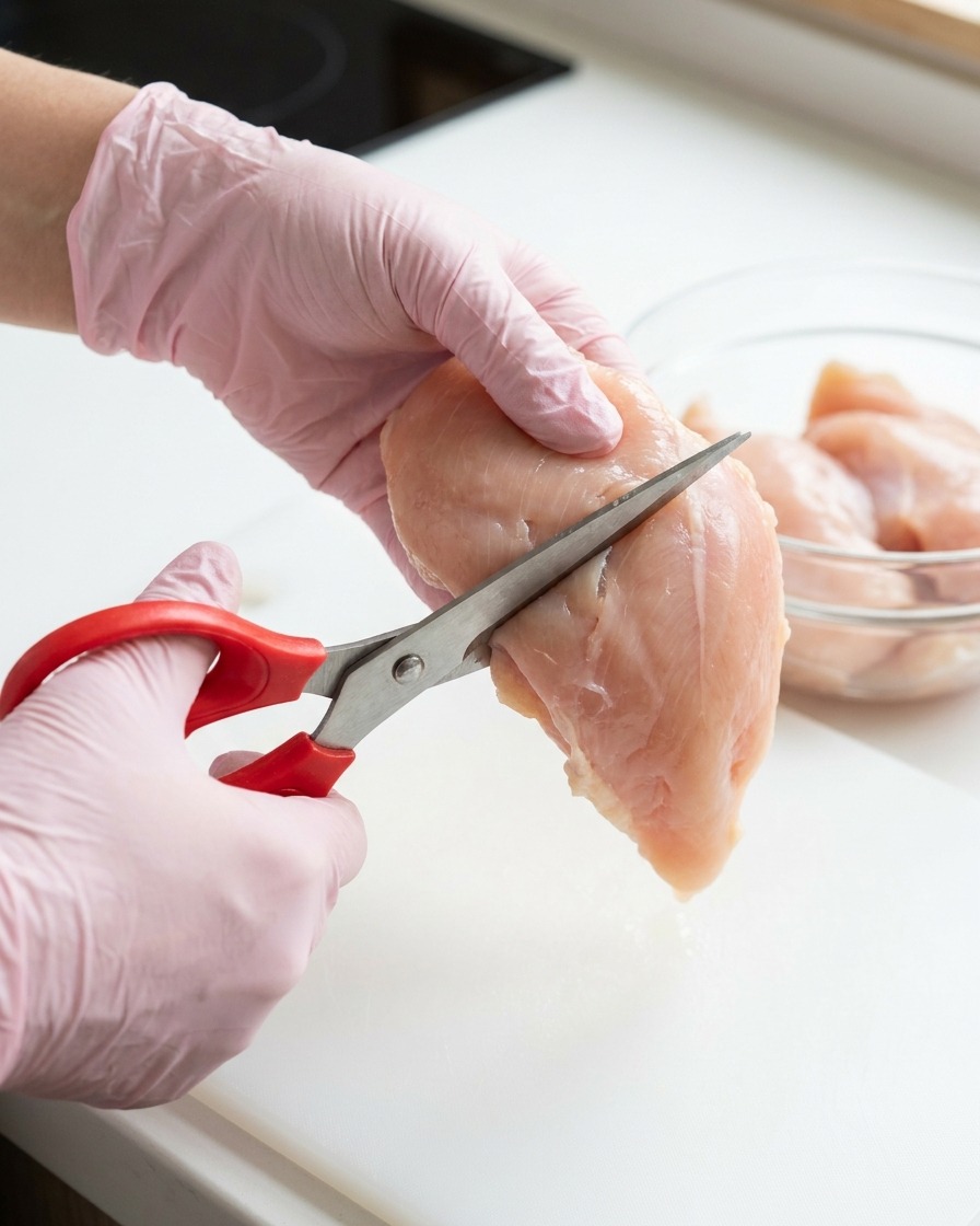 Chicken breast being cut into thin strips on a cutting board.