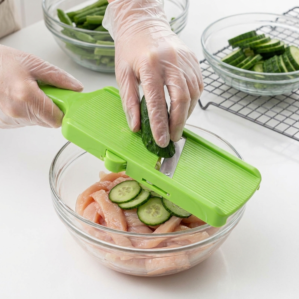 Raw chicken strip being coiled around a single piece of okra.