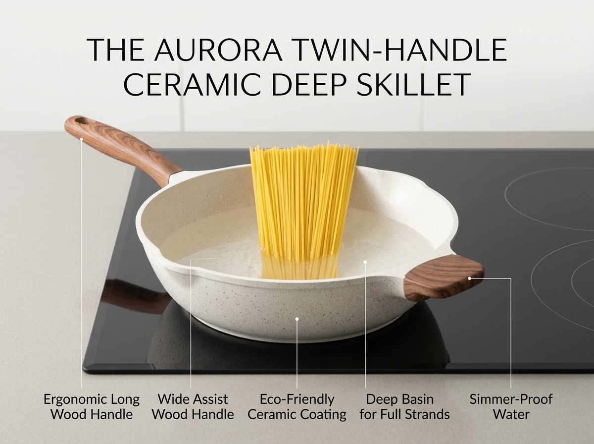 Pasta strands being lowered into a pot of boiling water with salt and oil.