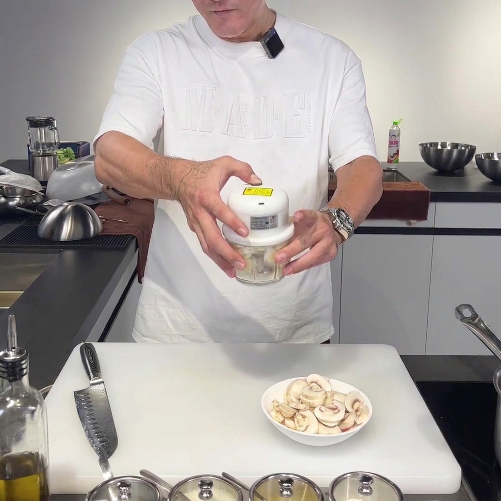 Garlic cloves being processed in a small manual garlic chopper.