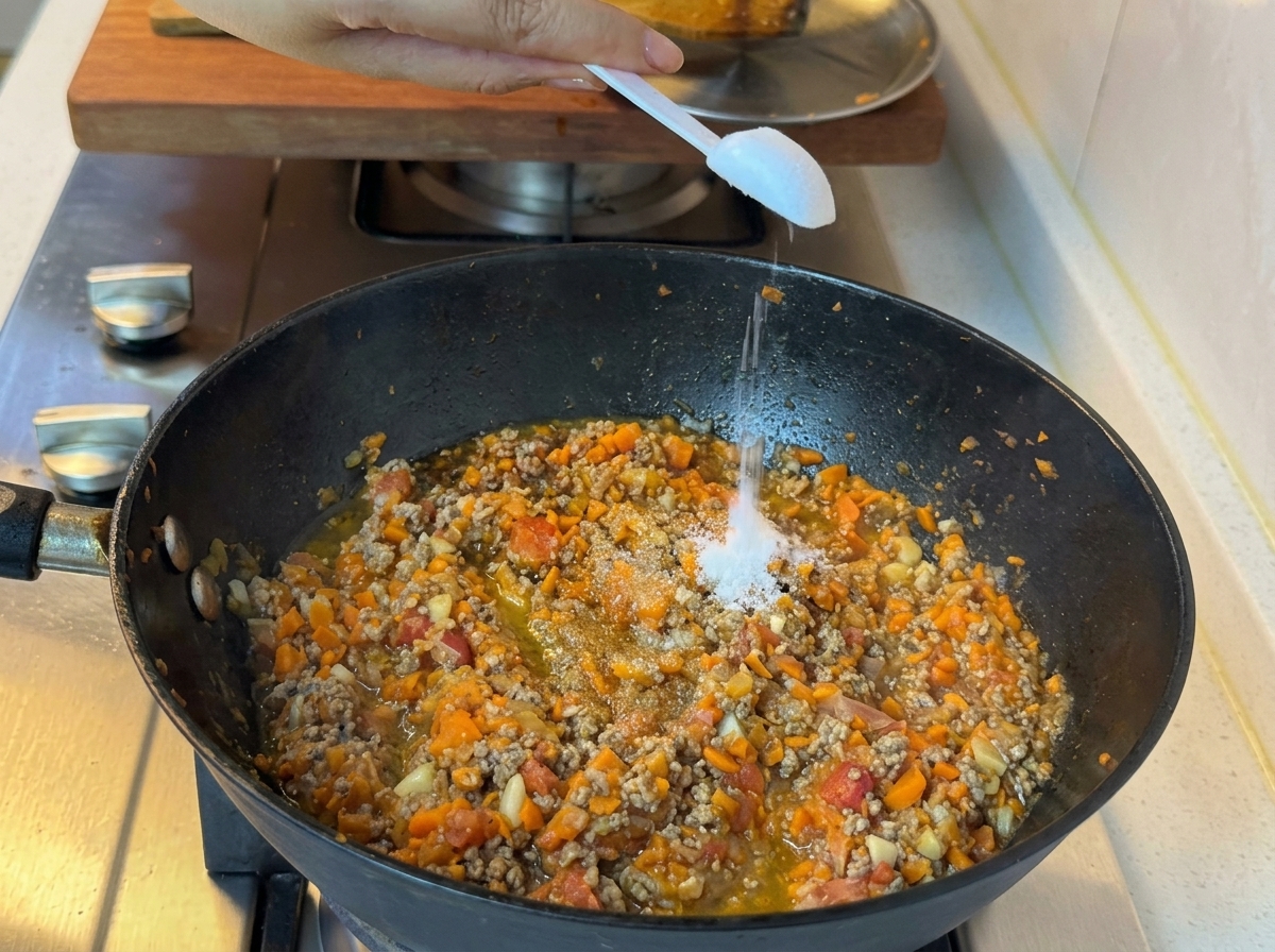 Adding seasoning ingredients into the pan with the beef and vegetable mixture.
