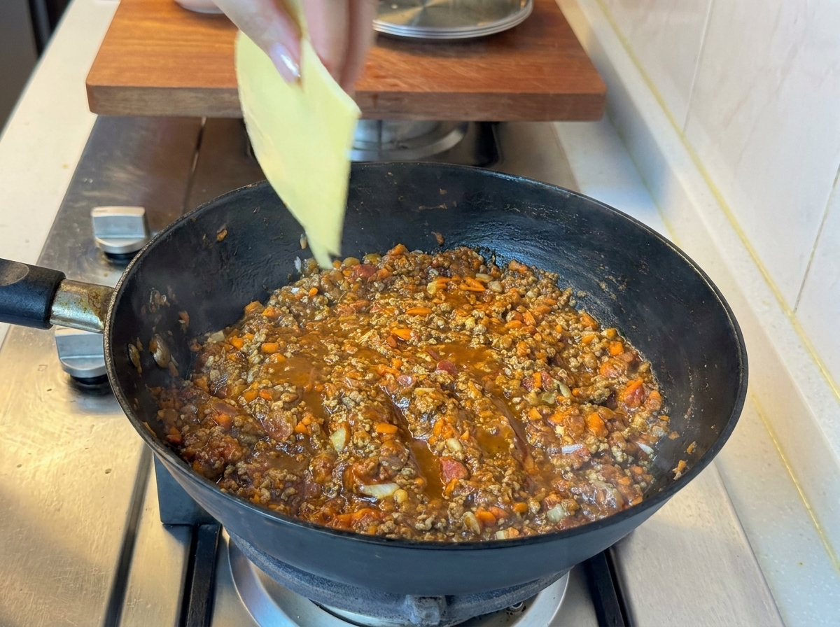 Cheese slices melting into the beef and tomato sauce in the pan.