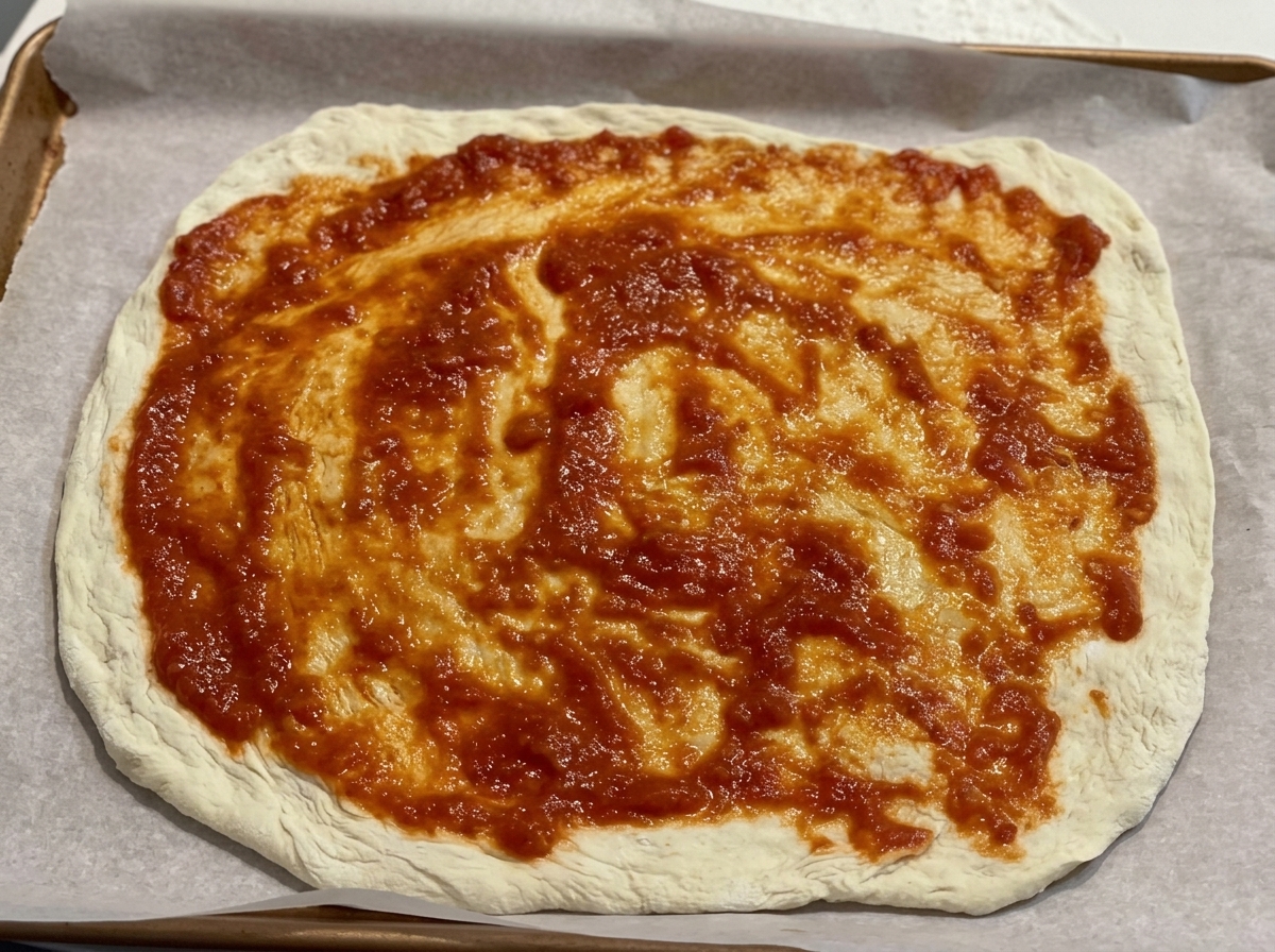 Tomato sauce being spread evenly over the pizza dough base with a spoon.