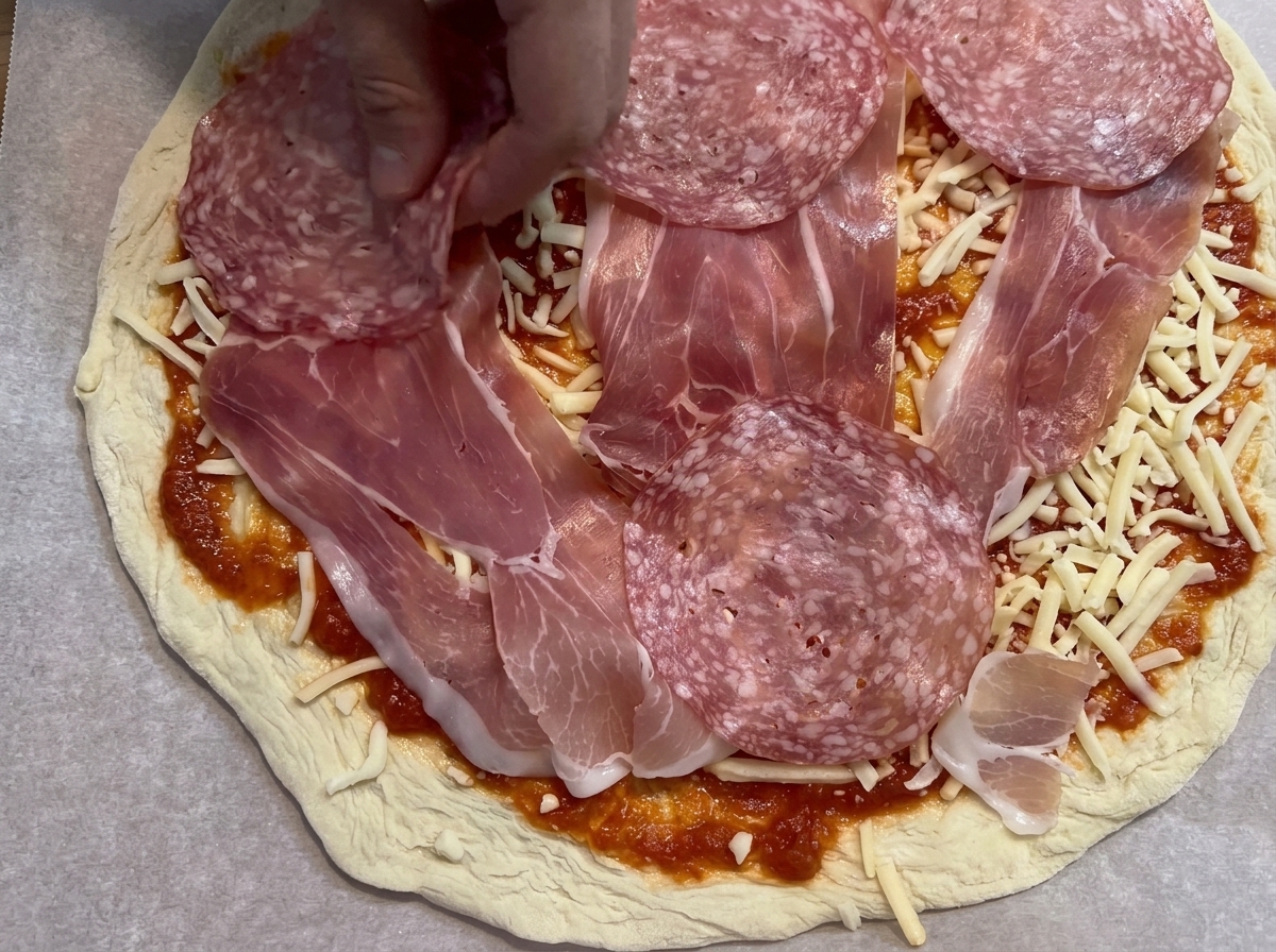 Salami and prosciutto slices being arranged on top of the cheese-covered pizza.