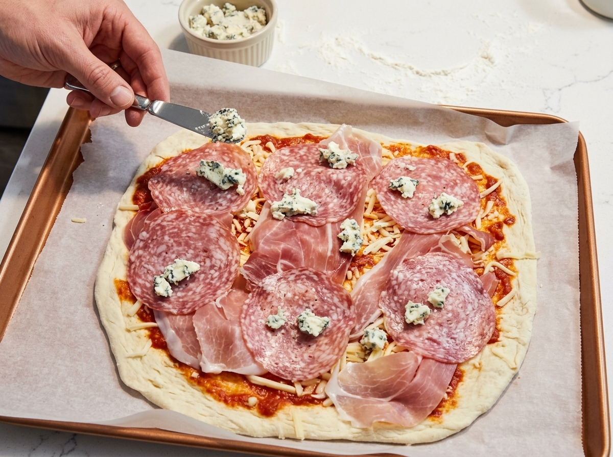 Small, uniform clumps of creamy goat cheese being placed on the pizza using a knife.