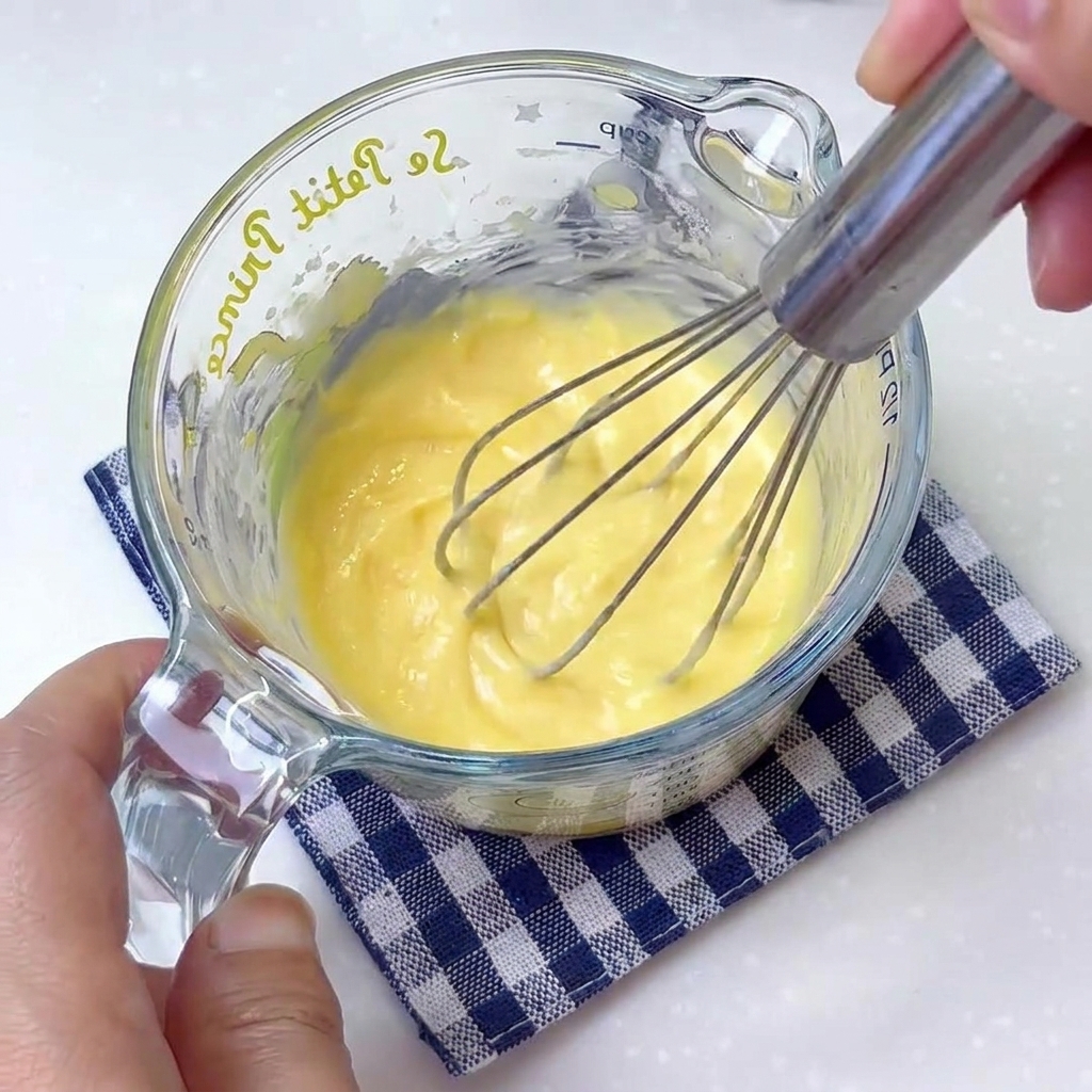 Whisking melted cheese and milk in a measuring cup to create a creamy base.