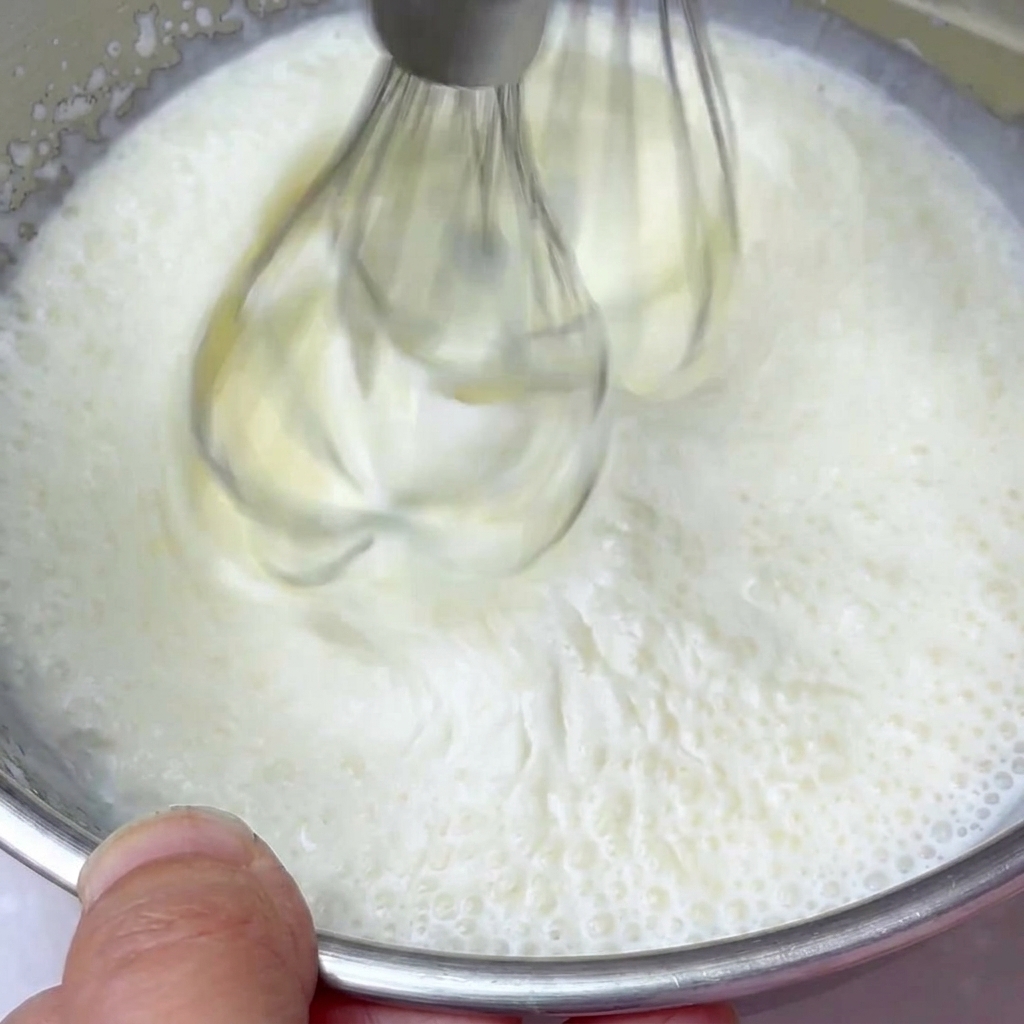 A bowl of heavy cream being whipped with an electric mixer until it turns into a thick, airy topping.