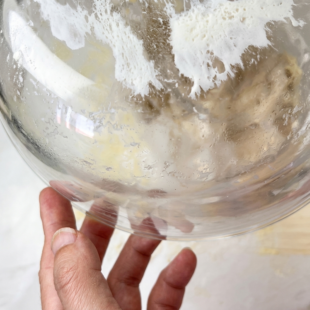 Fermented pizza dough being turned onto a floured surface and pressed down by hand.