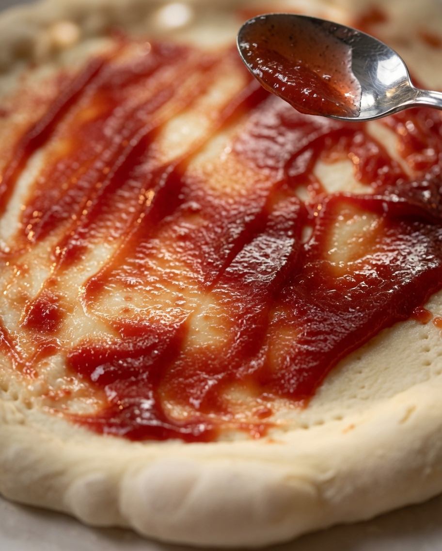 A spoonful of tomato sauce being spread evenly over a prepared, circular pizza dough base.