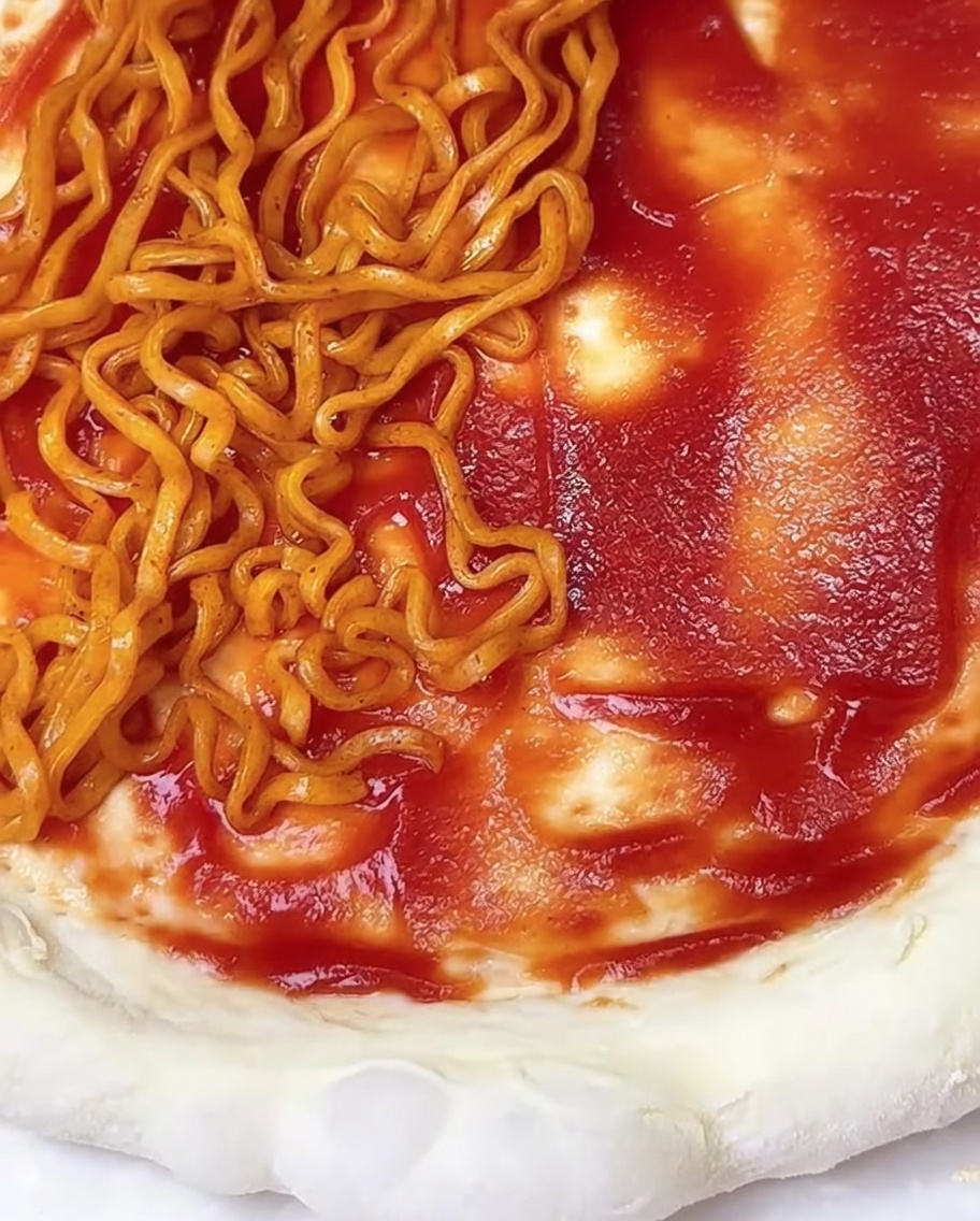A close-up view of a flat pizza dough spread with red tomato sauce, partially covered with spicy ramen noodles and seaweed flakes.