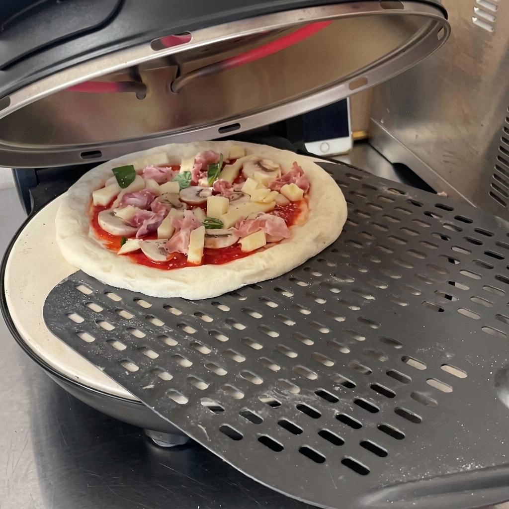 Tomato sauce being spread over raw pizza dough with a spoon.