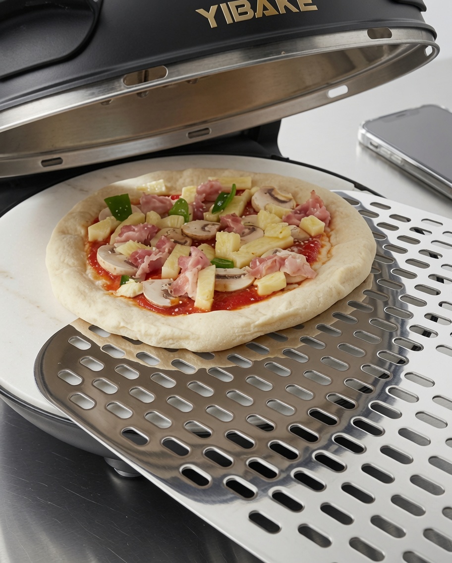 Pizza dough topped with bell peppers, red onions, mushrooms, and pork sausage.