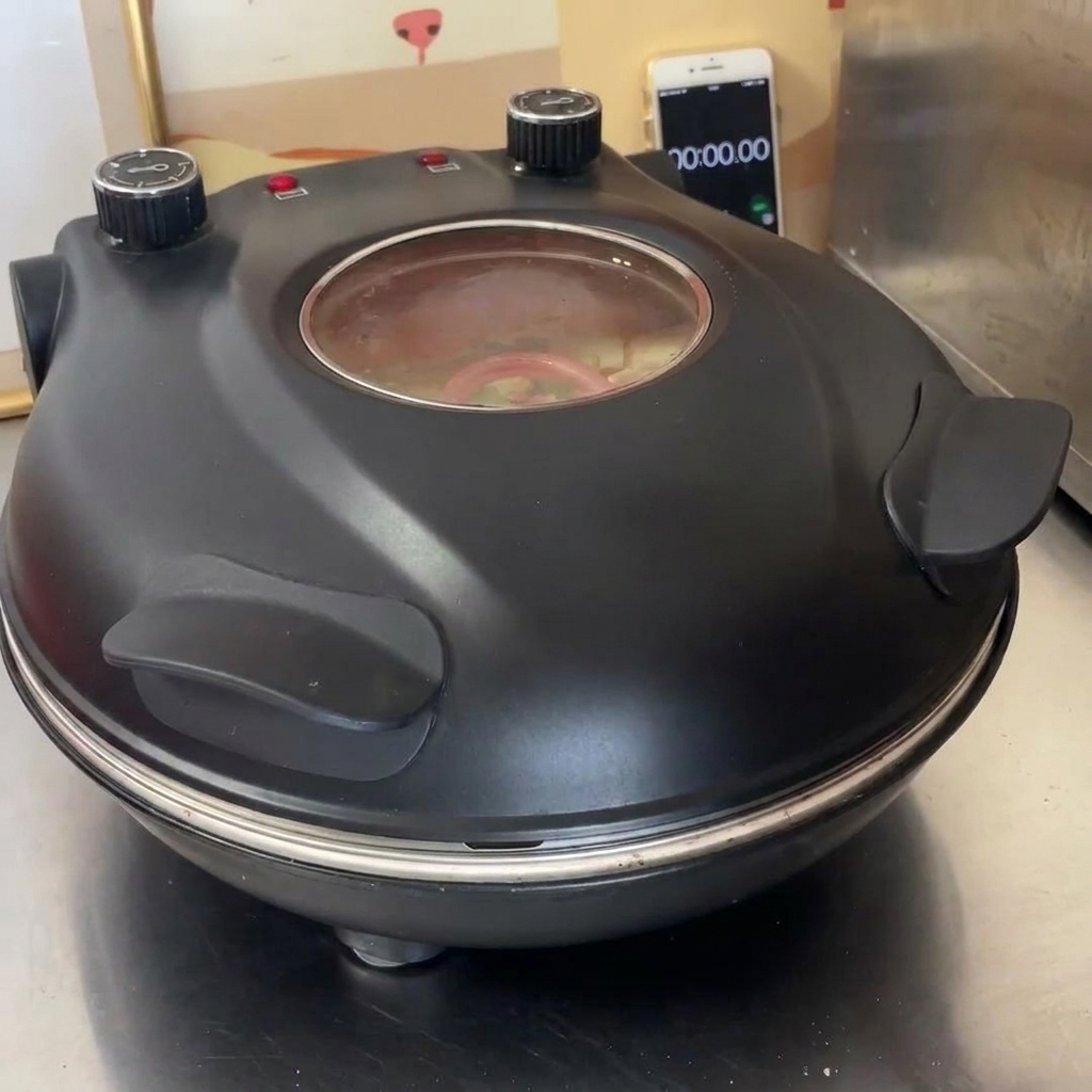 The lid of a Yibake pizza oven being closed to bake the pizza.