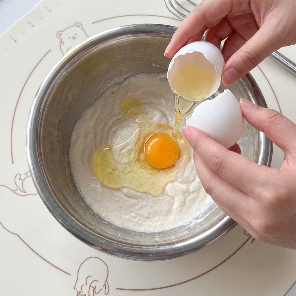 A raw egg being cracked into the center of the flour mixture in a bowl.
