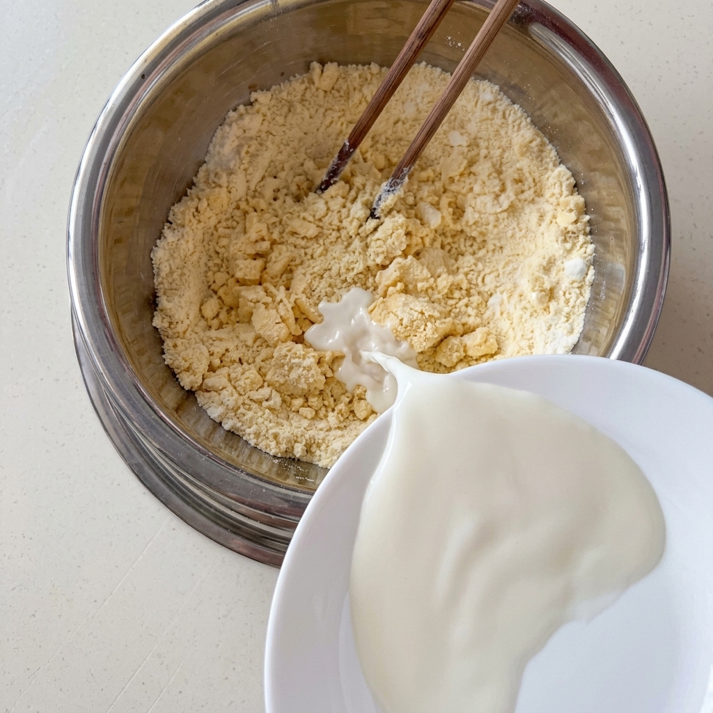 Milk being poured into the mixing bowl as the ingredients are stirred with chopsticks.