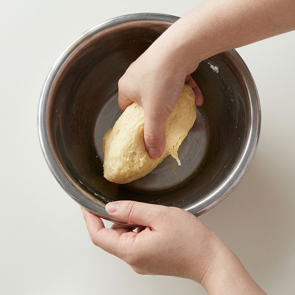 Hands kneading the dough mixture inside a large stainless steel bowl.