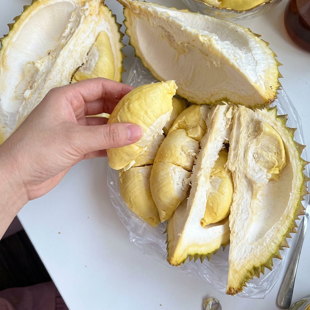 Fresh yellow durian flesh pieces inside a glass bowl.