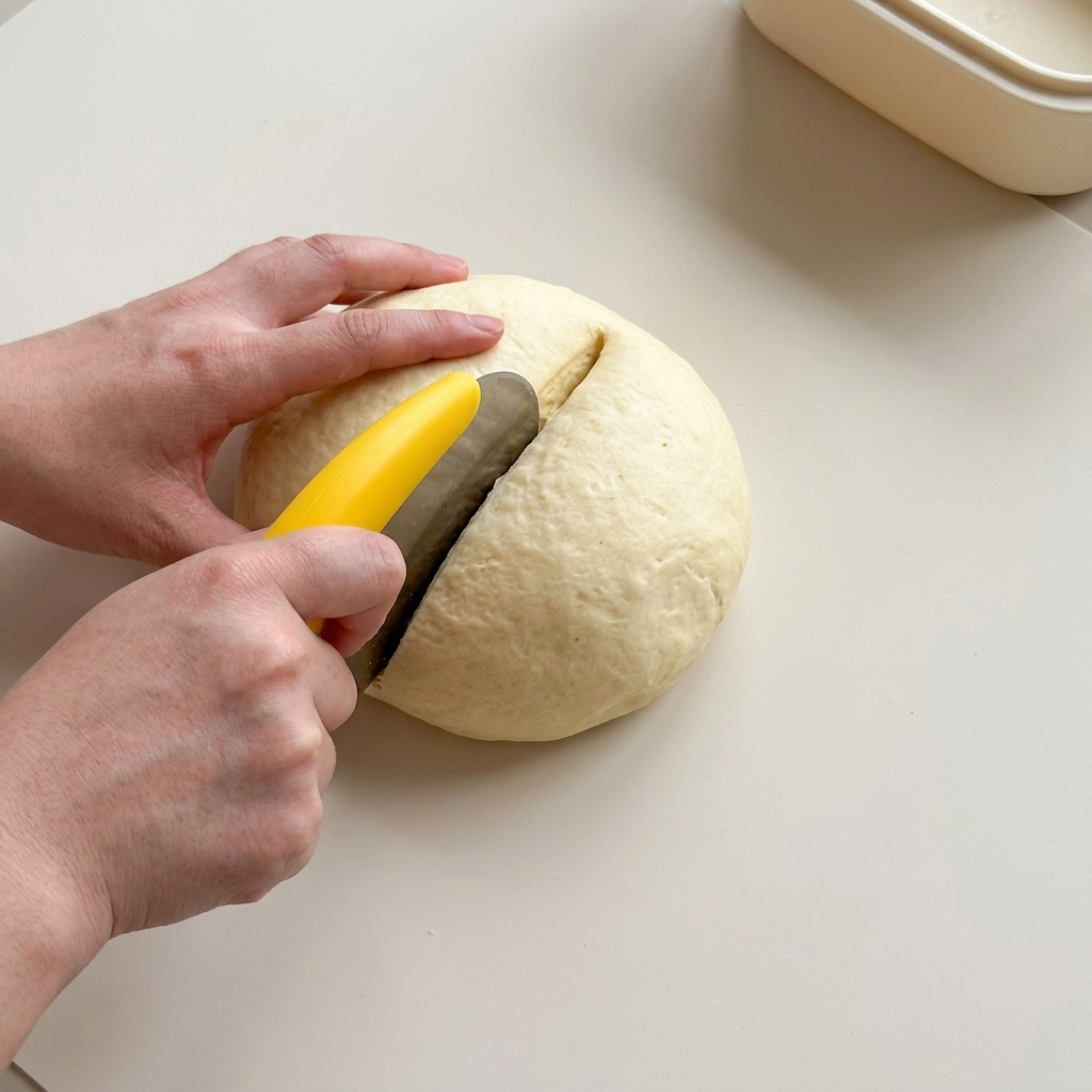 A smooth, fermented dough ball being cut into two equal portions with a plastic scraper.