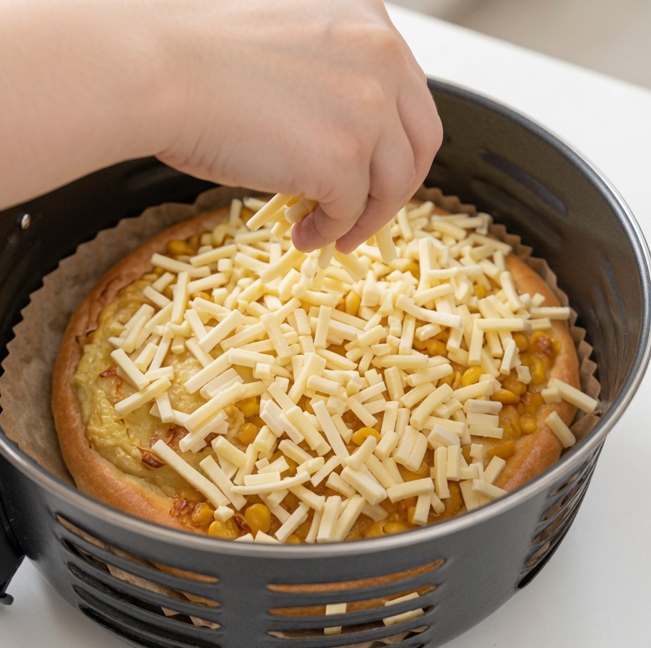 A hand sprinkling a handful of shredded white mozzarella cheese over the top of a pizza already placed inside the air fryer basket.