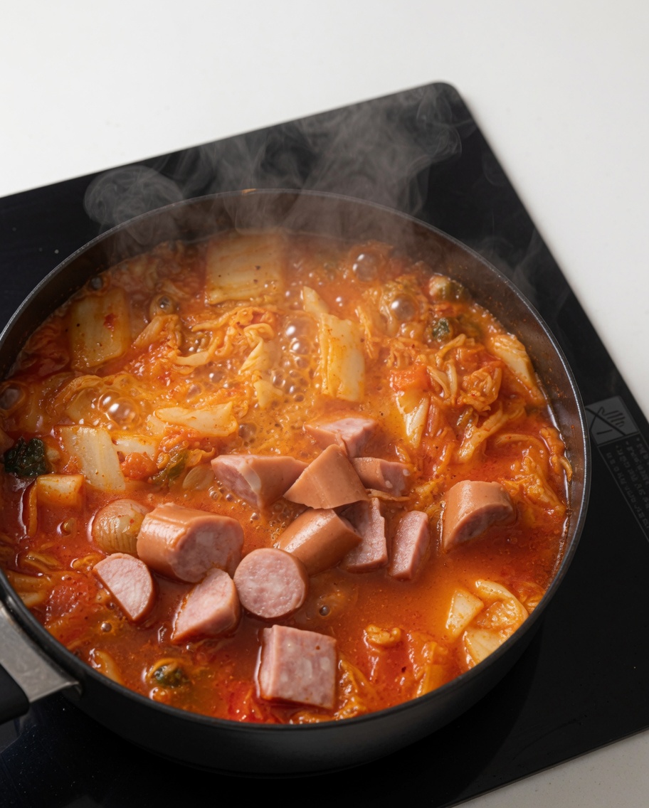 Sliced sausages being dropped into the boiling kimchi broth.