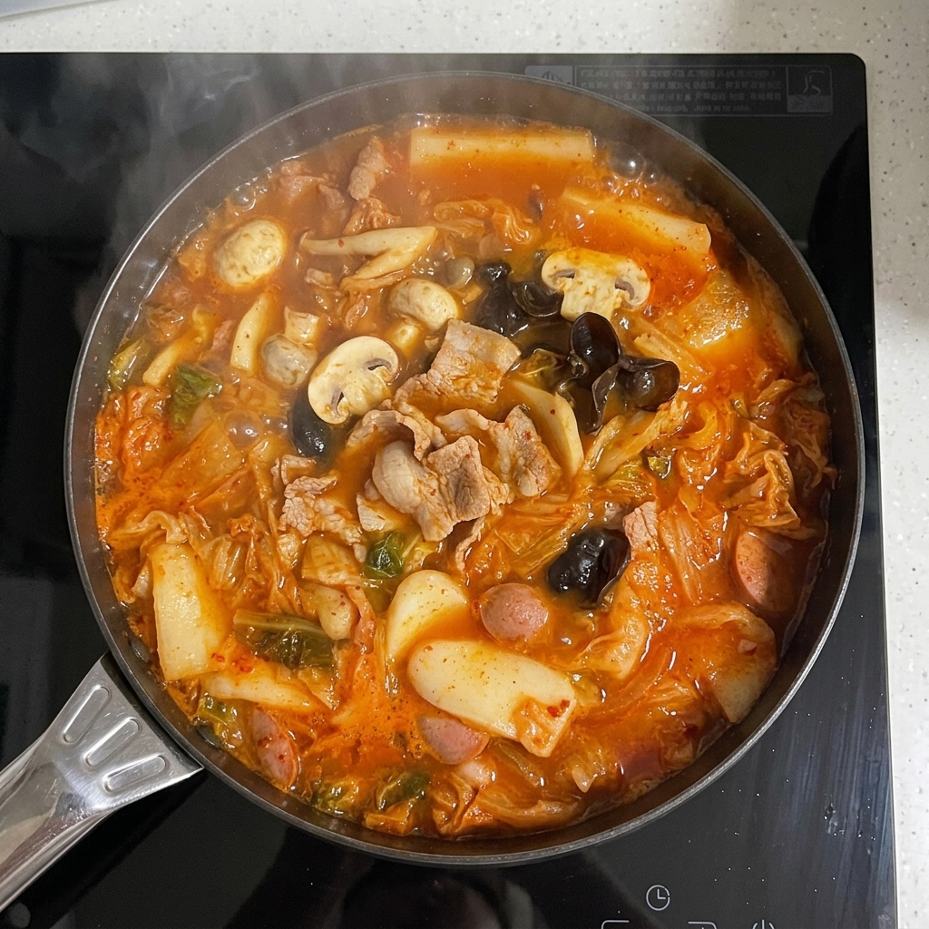 Two spoonfuls of bright red chili powder being added to the simmering stew.