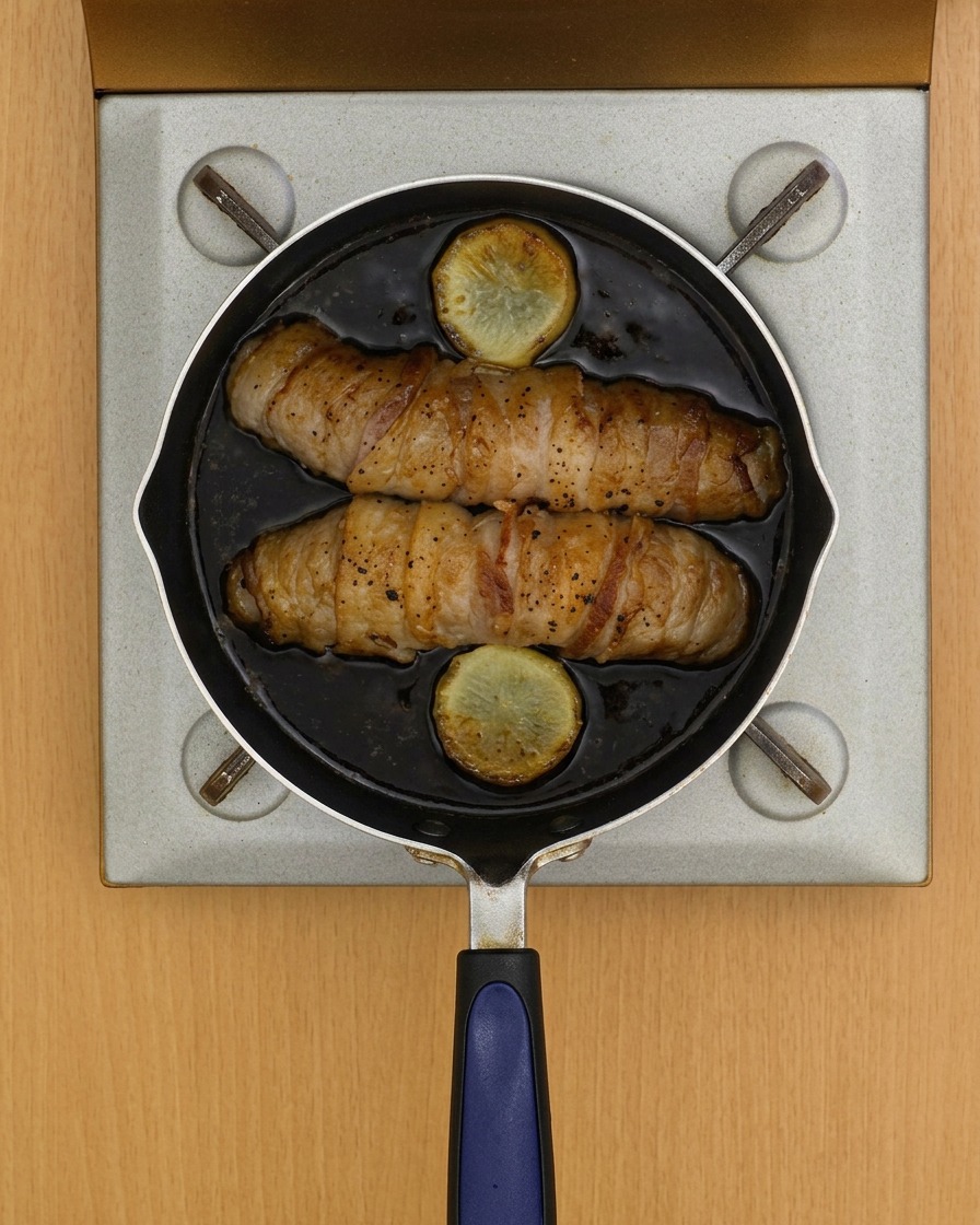Seared pork rolls simmering in a braising liquid with ginger slices in a pan.