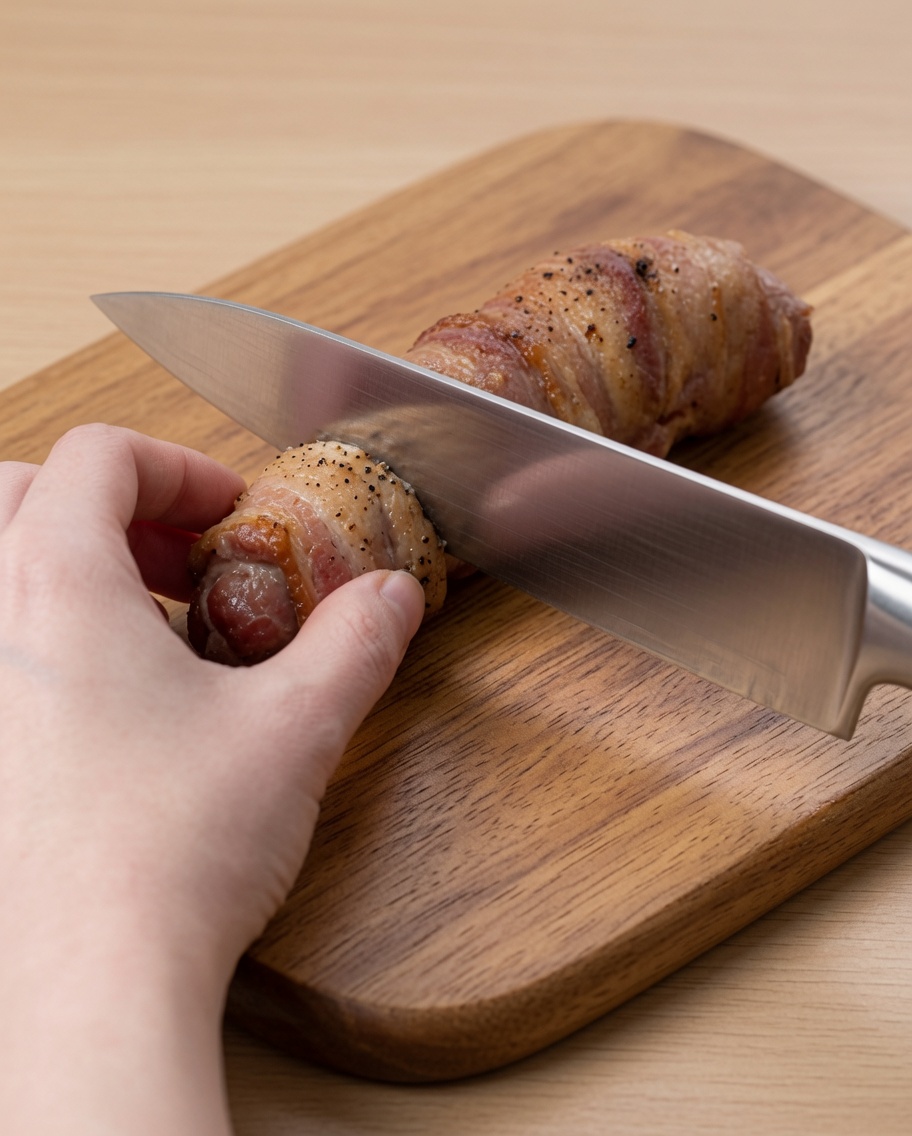 Slices of braised pork belly arranged neatly on a wooden cutting board.