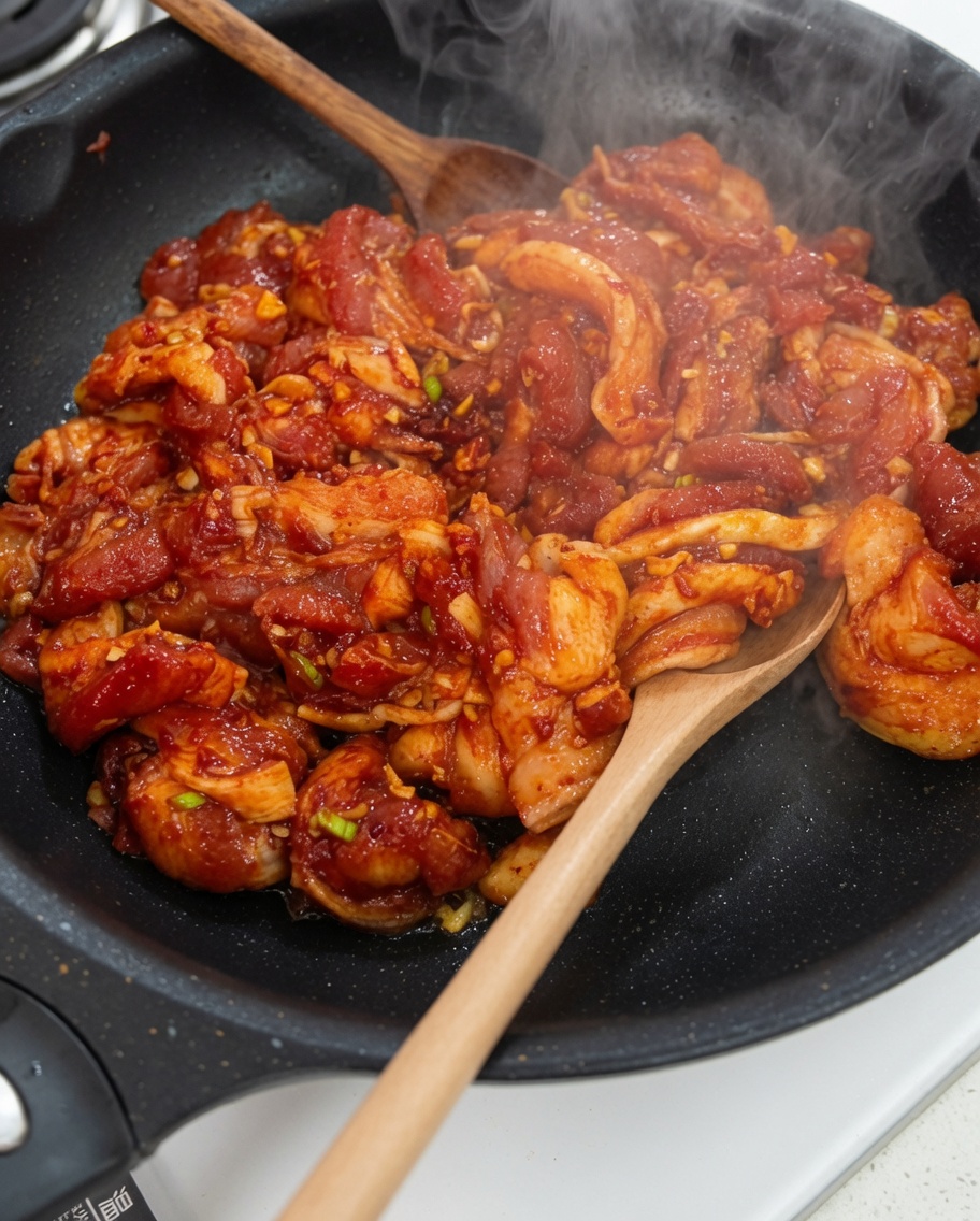 Marinated pork cooking in a hot pan, with visible steam rising.