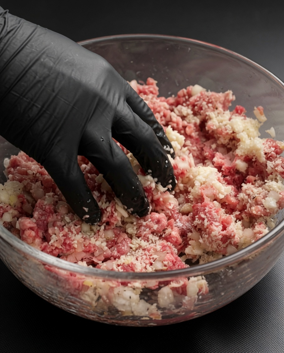 A hand in a black glove mixing the meat and seasonings in a glass bowl.